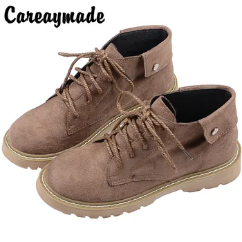Careaymade -Реколта ежедневни обувки, дамски ботуши с подплата, къси ботуши, топли обувки, училище стил, обувки на плоска подметка с завязками