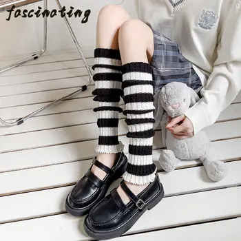 Нови есенно-зимни черно-бели райета трикотаж носочные изделия JK, женски дебели топли чорапогащи, възли японски дълги чорапи с шнорхел