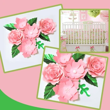 Ръчно изработени Розови рози САМ Хартиени Цветя, Зелени Листа, Определени За Партита Сватбени Декори Декориране на Детски Стенен Декор Видео Уроци
