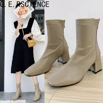 2021 нова дамски обувки на дебелите ток с къс ръкав модни ботуши модни кожени престрелки ботуши на висок ток