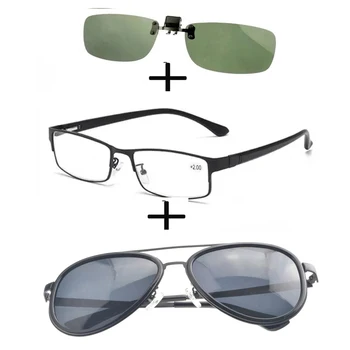 3 бр.!!!правоъгълни Метални Черни Бизнес Очила за Четене за Мъже и Жени + Поляризирани Слънчеви Очила от Сплав за Шофиране + Скоба за Слънчеви Очила