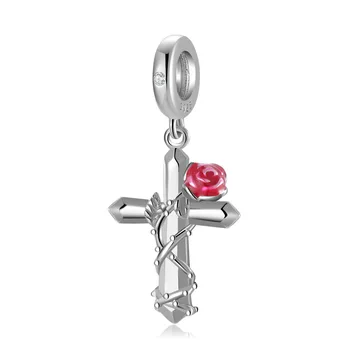 Един автентичен Европейски S925 Сребро САМ Чар Розата е Цветето на Кръст Виси За Оригинални PD Жени Гривна, Огърлица Верига Бижута