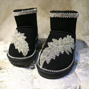 Къса полусапожки с ръчно диамант кант, модерни, универсални топли зимни ботуши, дамски големи размери 35-44