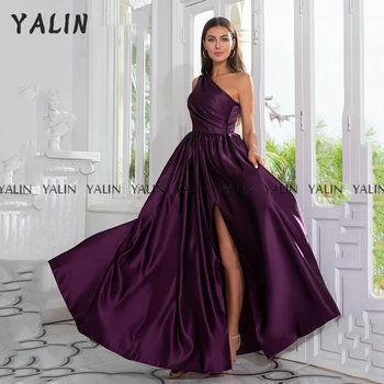YALIN Вечерна рокля с цепка на едно рамо, Атласное Рокля за бала Трапецовидна форма с Дължина до пода, Просто лилава рокля sukienka wieczorowa