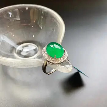 Естествена ледена зелен chalcedony открывающееся регулируем пръстен с китайски ретро диаманти изискан пламнал чар дамски сребърни бижута