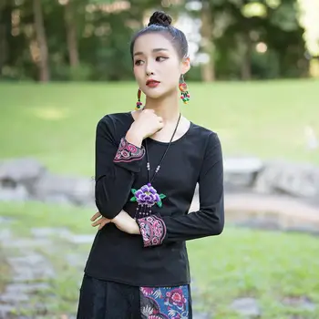2022 китайските национални блузи, дамски реколта тениска с цветна бродерия, национална базова риза с кръгло деколте, ориенталски чай, риза hanfu