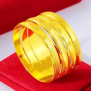 HOYON истинско злато цвят 24 До jewelry Гривна за жени сватбен подарък Сгъсти Тежко на Сърцето Модел Лазерен Печат гривна Кръг