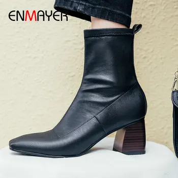 ENMAYER/2020 г., Дамски обувки от естествена кожа за зрели Жени, Основни Ботильоны на Площада обувки с Кръгло бомбе, Дамски обувки с Цип, Размер 34-43