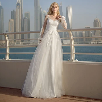 Елегантен Прозрачен Сватбена рокля от тюл Трапецовидна форма с дълъг ръкав-фенерче и Аппликацией, Плажни Сватбени рокли дантела дължина до пода на сватбена рокля