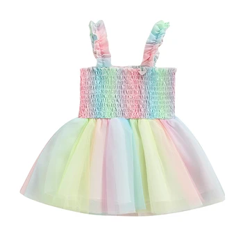2022 Лятна рокля Трапецовидна форма в стил Мозайка за малки момичета без Ръкави в Контрастен Цвят, Ламинирано Плиссированное детска Лятна Рокля на подтяжках