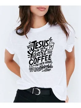 С Исус в Сърцето си и Кафе в Ръка, Женска тениска с християнската Вяра в Бога Харадзюку, Естетически, графични тениски, Дрехи, фланелка