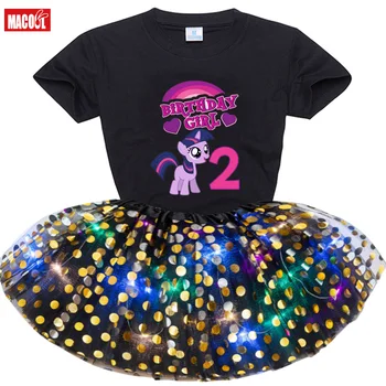 2021 Принцеса За Момичета, Детски Лека Пола-пакетче с Led Подсветка + Тениска с Къси ръкави за Поръчка на Подарък За Рожден Ден Светещи Вечерни Led Коледни Комплекти Дрехи