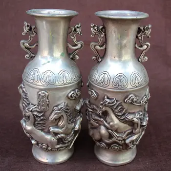 Рядък екземпляр на династия Цин Цяньлун (1726---1796 ) Сребърна ваза, Кон, двойка, безплатна доставка