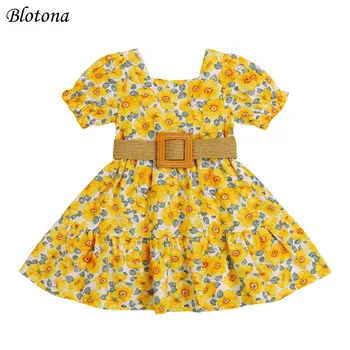 Blotona/ сладък случайни комплект дрехи от две части за малки момичета, жълта рокля с квадратна яка, къс ръкав и цветния колан, от 1 до 6 години