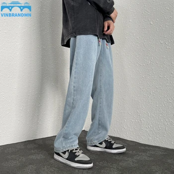 Марка Tide, Мъжки сини Дънкови Панталони с прав штанинами, Свободни Прости панталони в стил ретро стил харадзюку на съвсем малък, Модерен Градинска облекло в стил хип-хоп