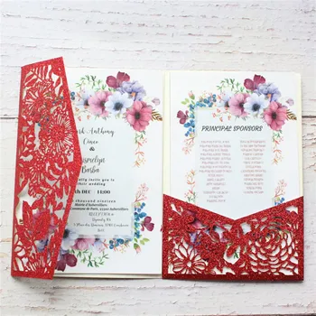 Блестящи червени покани картички цвете, дърво, лазерно рязане карти за подаръци сватбени и Коледни поздравителни картички за рожден ден вечерни украса
