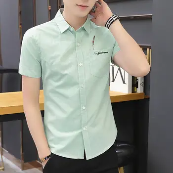 Мъжки модни Однотонная риза с къс ръкав, с един накладным джоб, прост Дизайн, Ежедневни Ризи Стандартно кацане с Яка, копчета E83