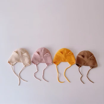 Зимна детска шапка за Зимата, однотонная детска вязаная шапка с красиви уши, есенна детска топла превръзка, вълнена шапка с уши